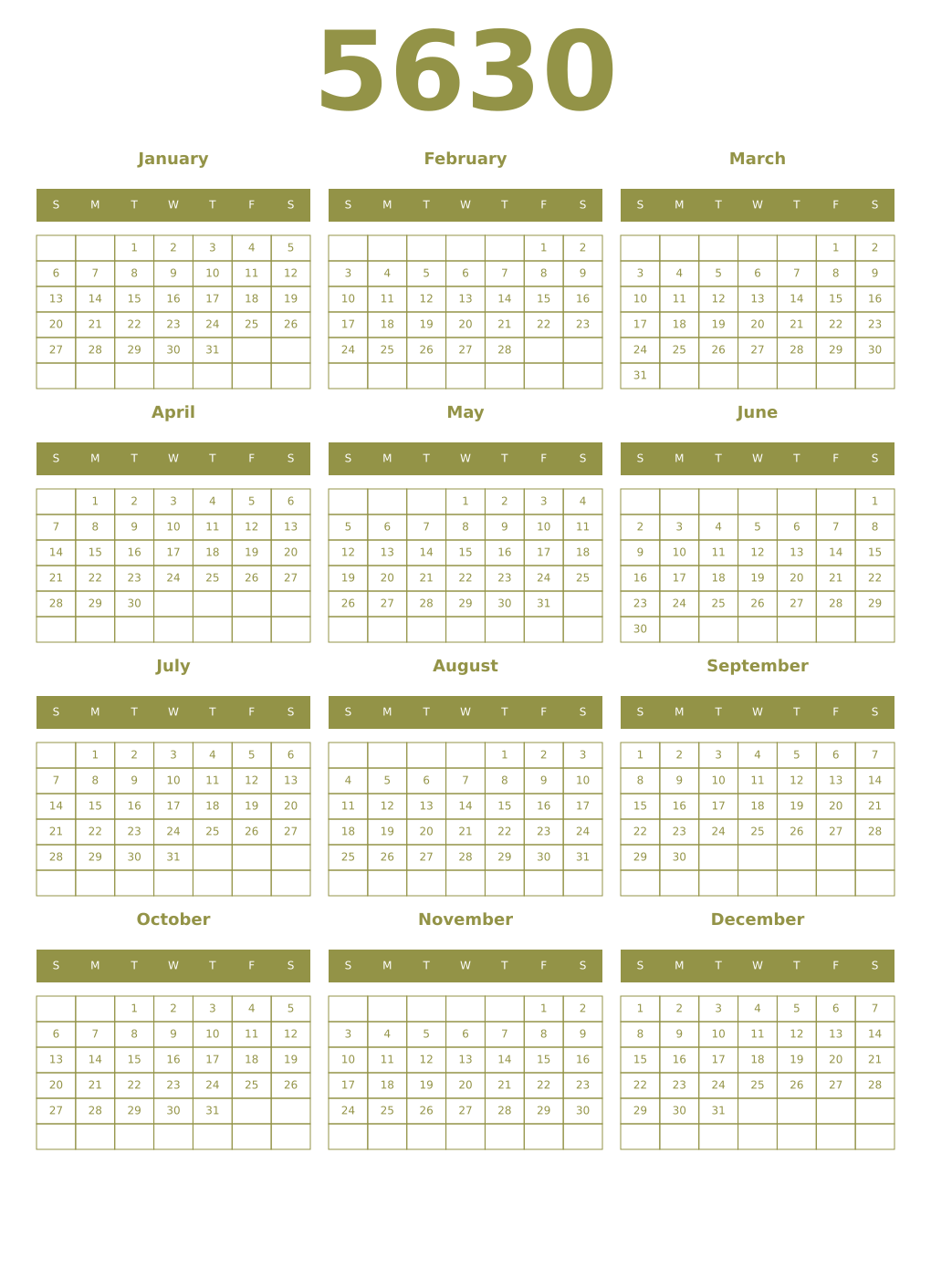 Printable 5630 Year Calendars eburnean