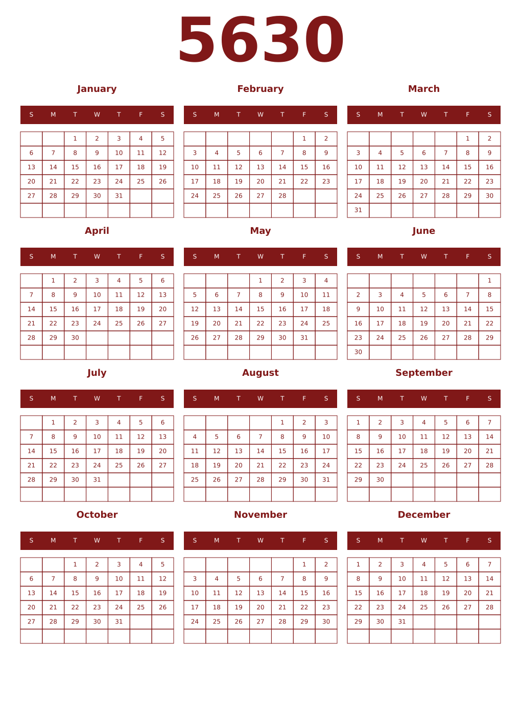 Printable 5630 Year Calendars falu
