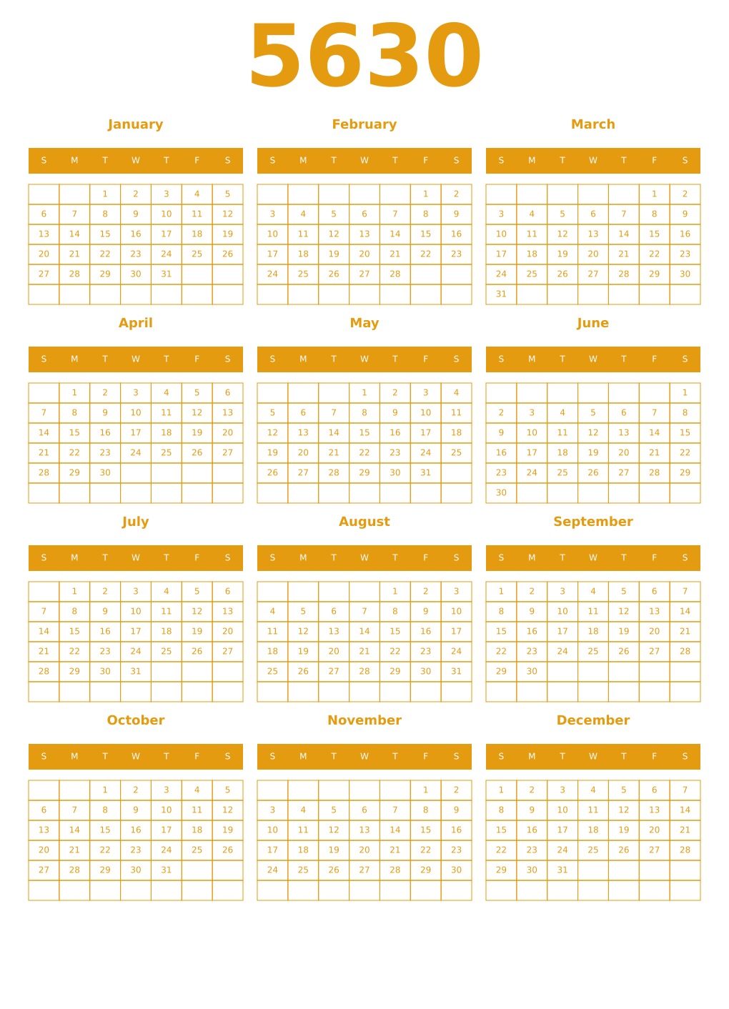 Printable 5630 Year Calendars gamboge