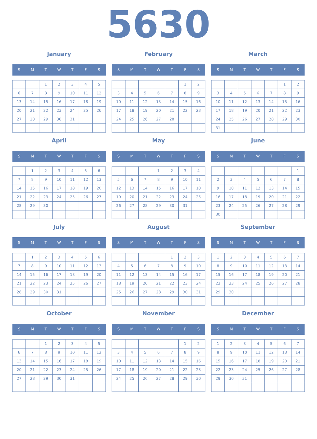 Printable 5630 Year Calendars glaucous