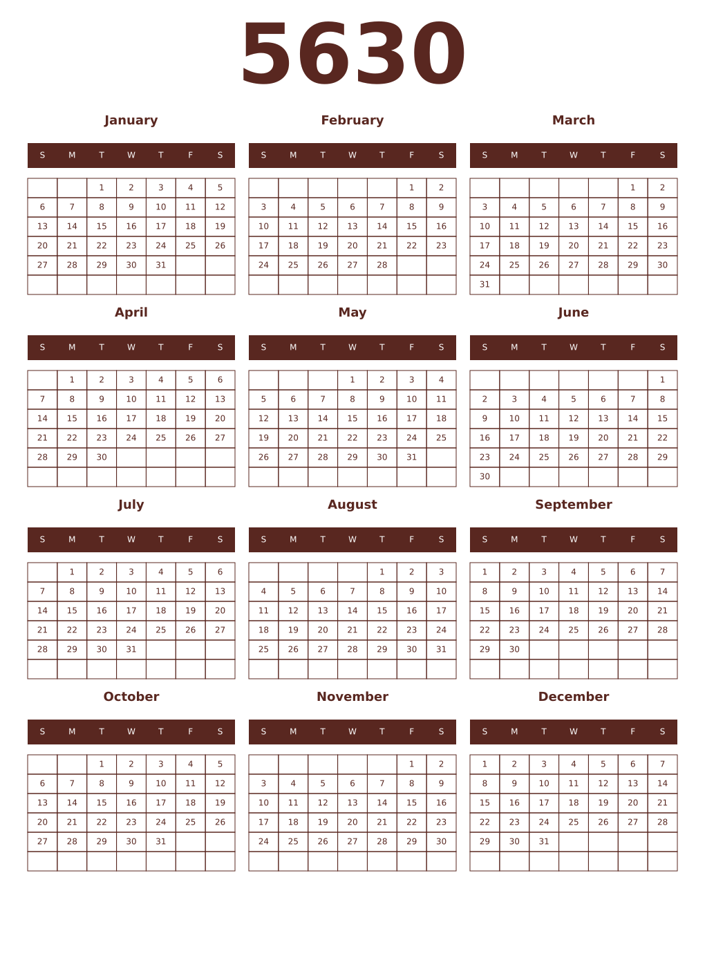 Printable 5630 Year Calendars mortuum