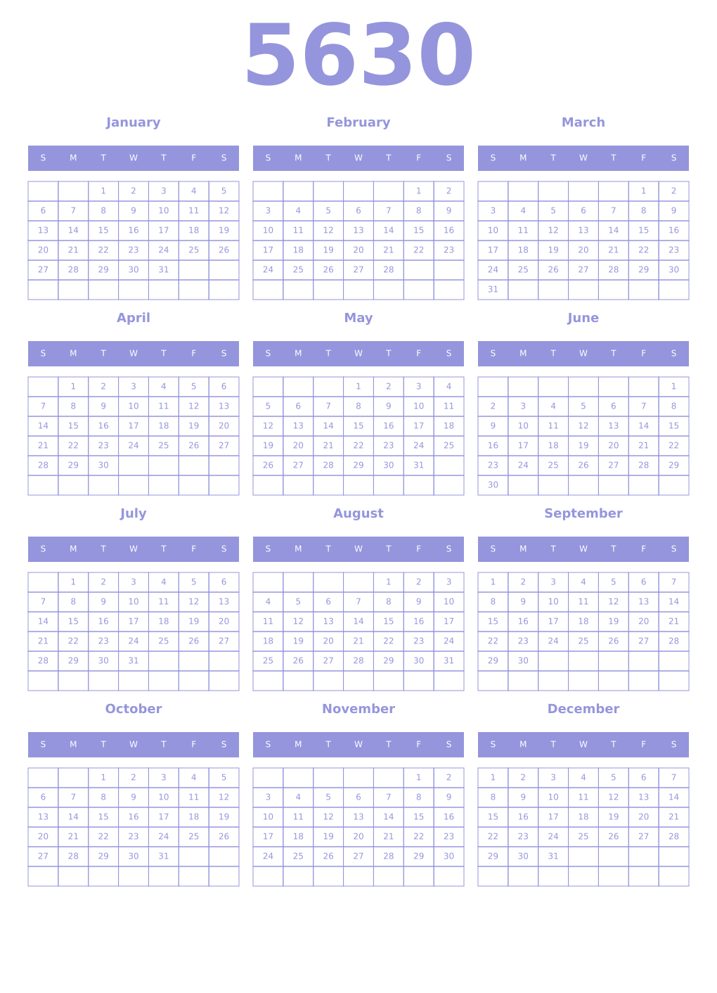 Printable 5630 Year Calendars periwinkle