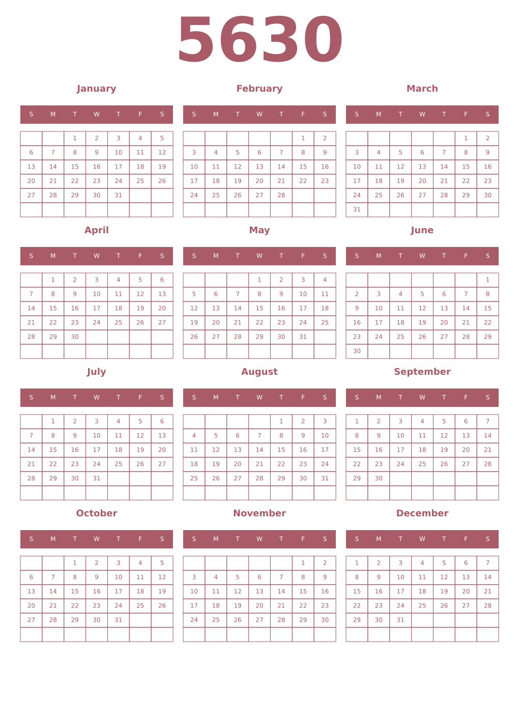 Printable 5630 Year Calendars puce