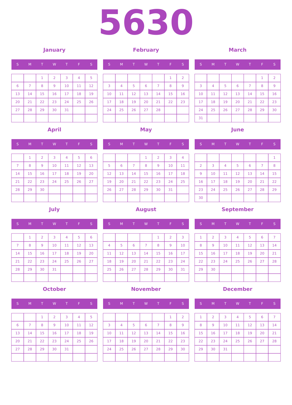 Printable 5630 Year Calendars purple