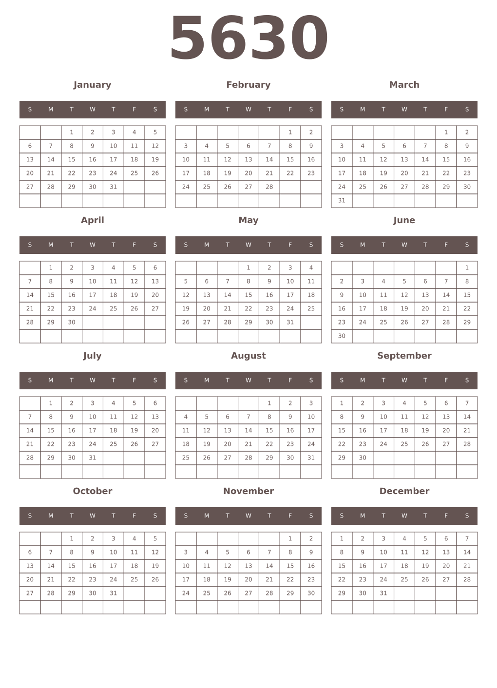 Printable 5630 Year Calendars wenge