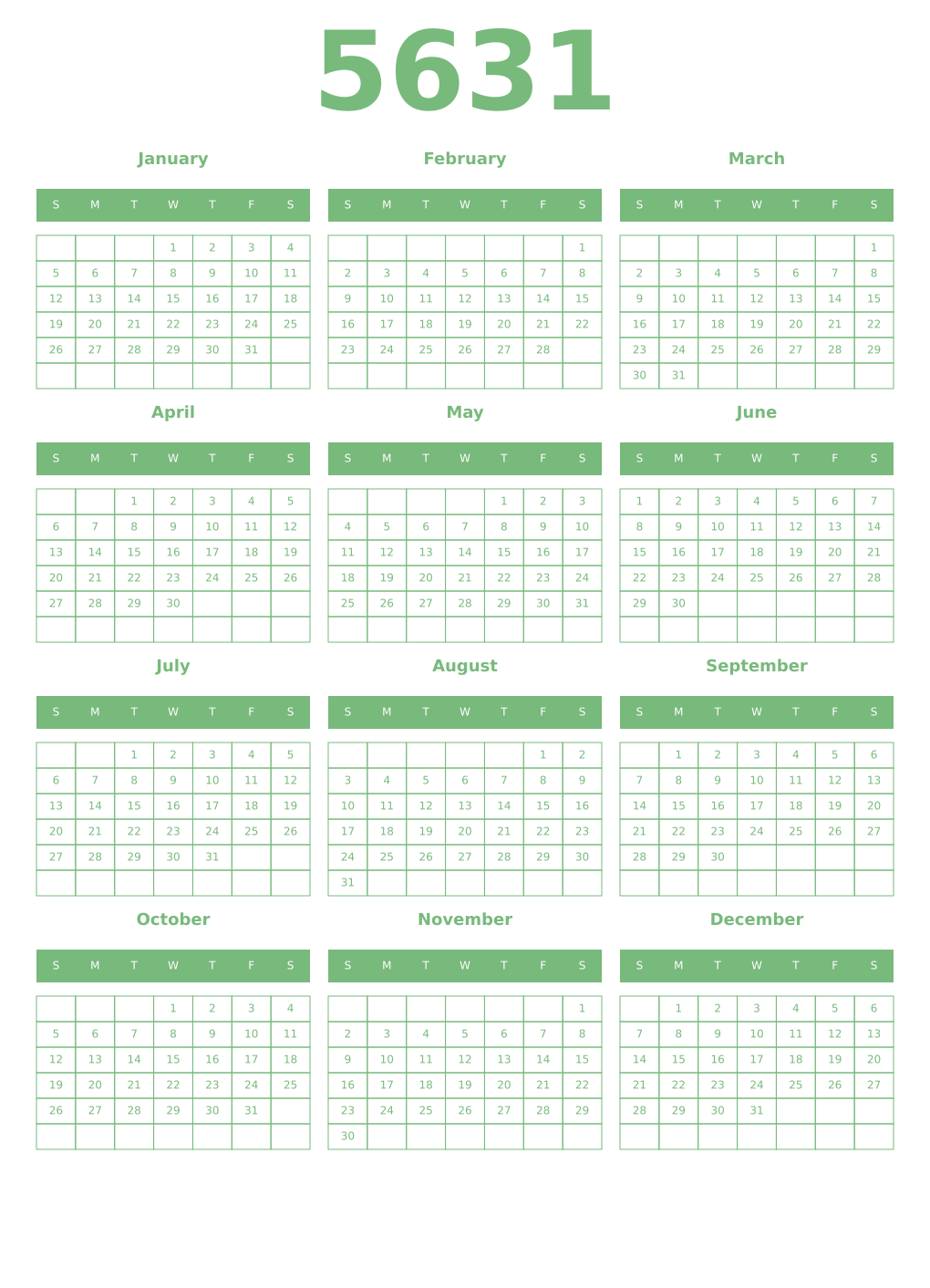 Printable 5631 Year Calendars celadon