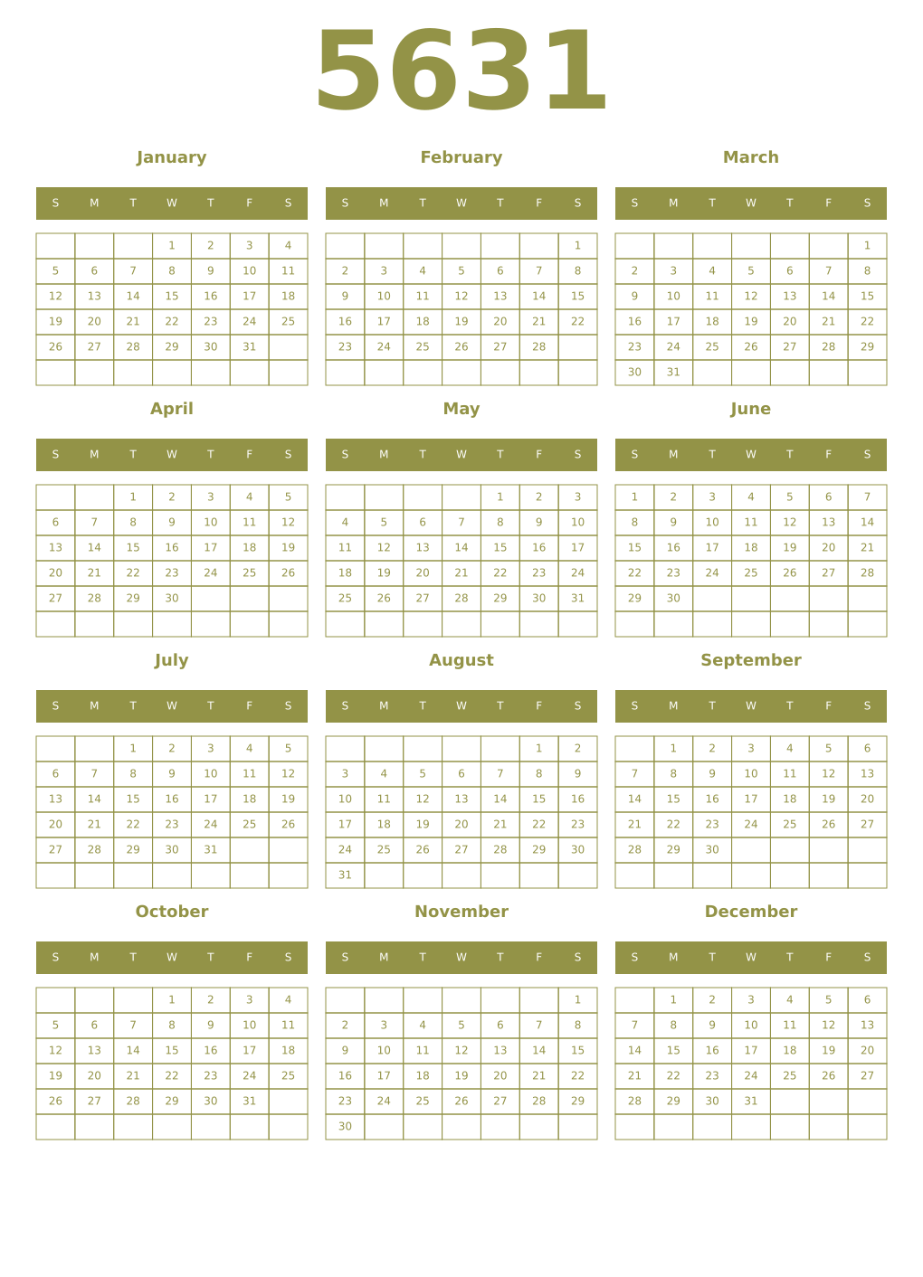 Printable 5631 Year Calendars eburnean