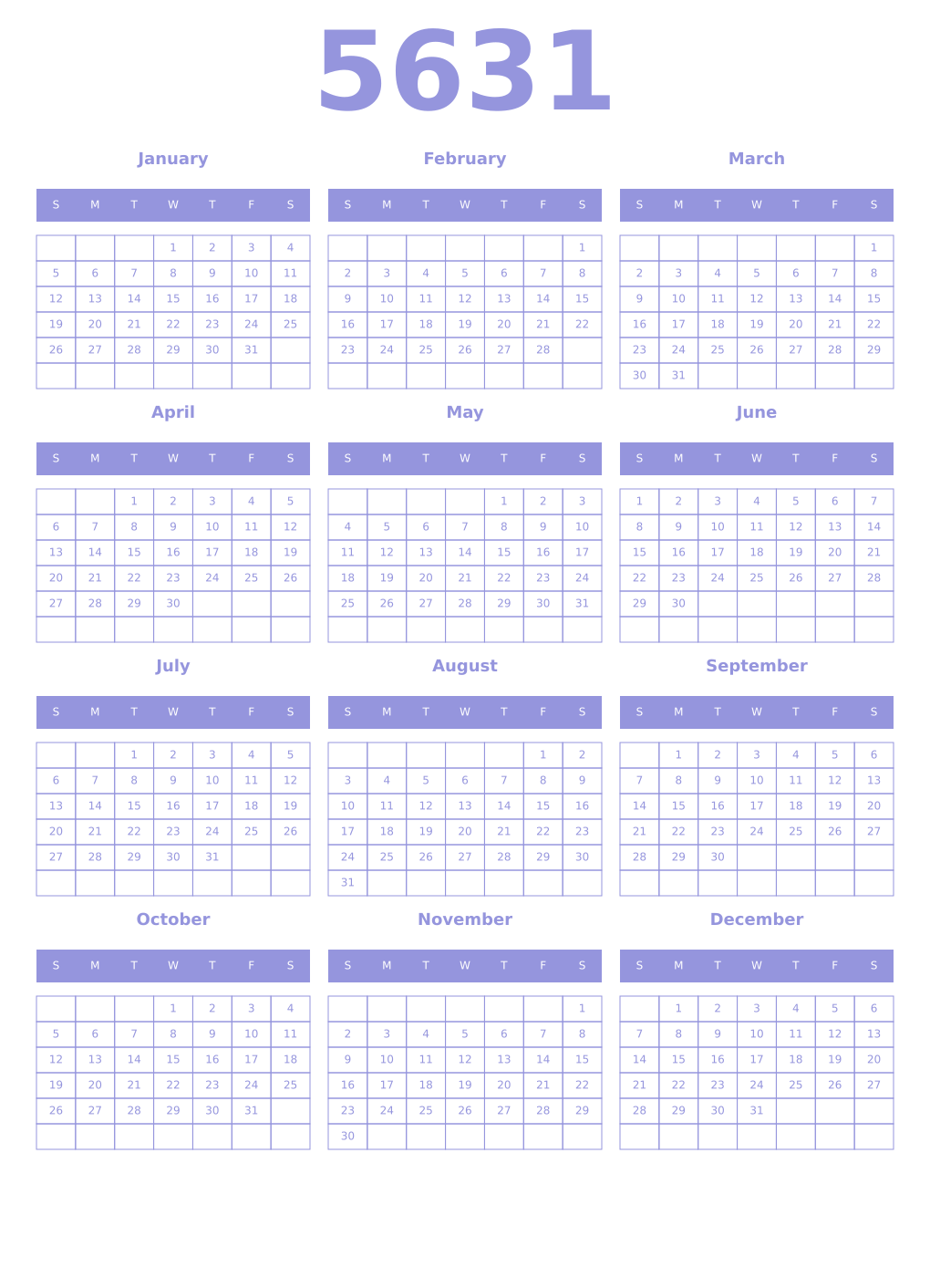 Printable 5631 Year Calendars periwinkle