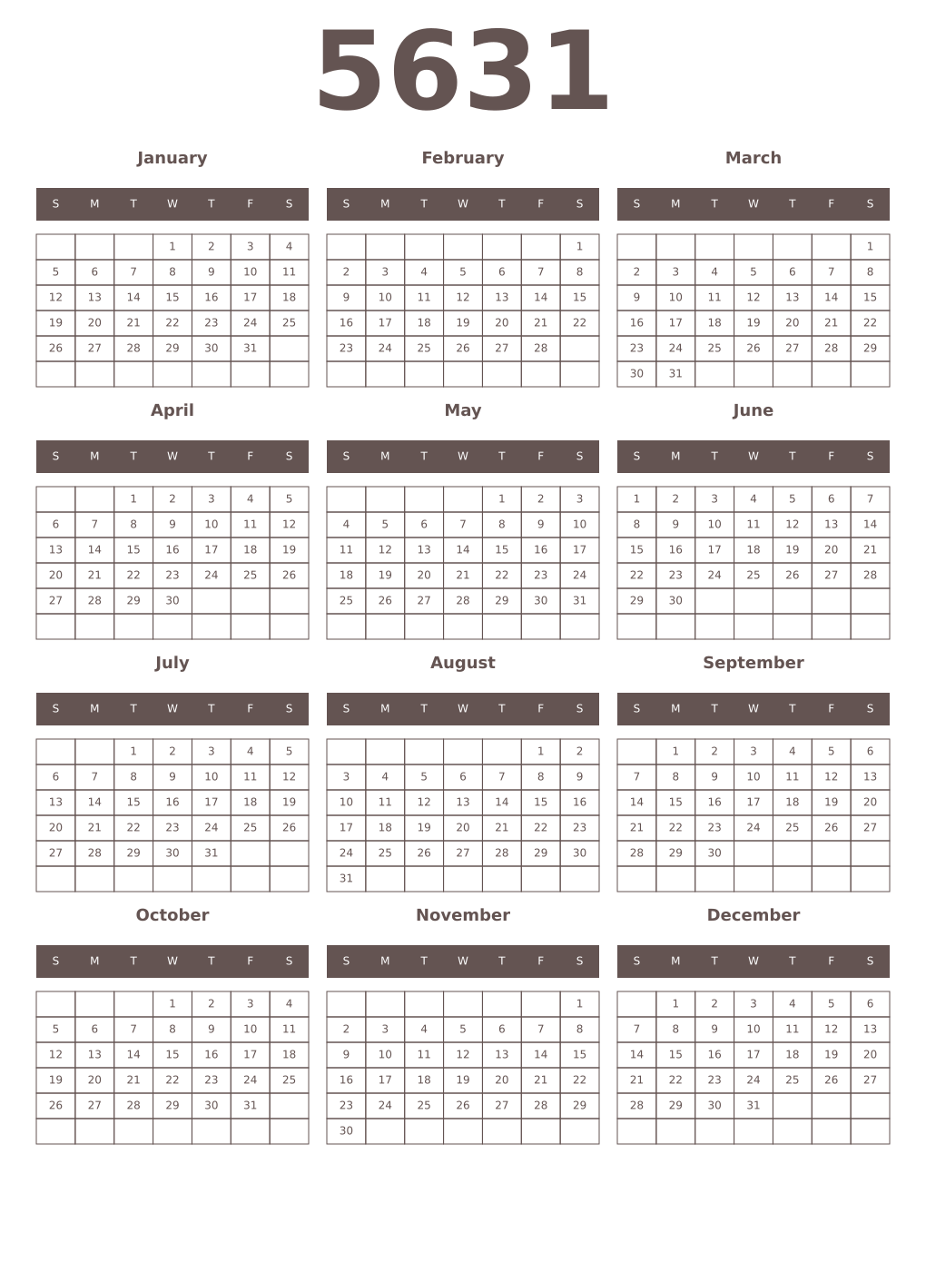 Printable 5631 Year Calendars wenge