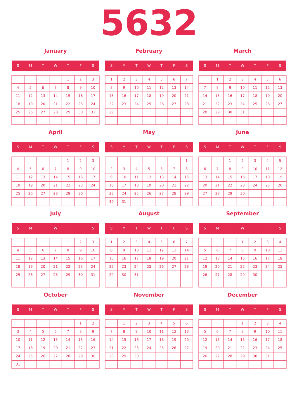 Printable 5632 Year Calendars amaranth