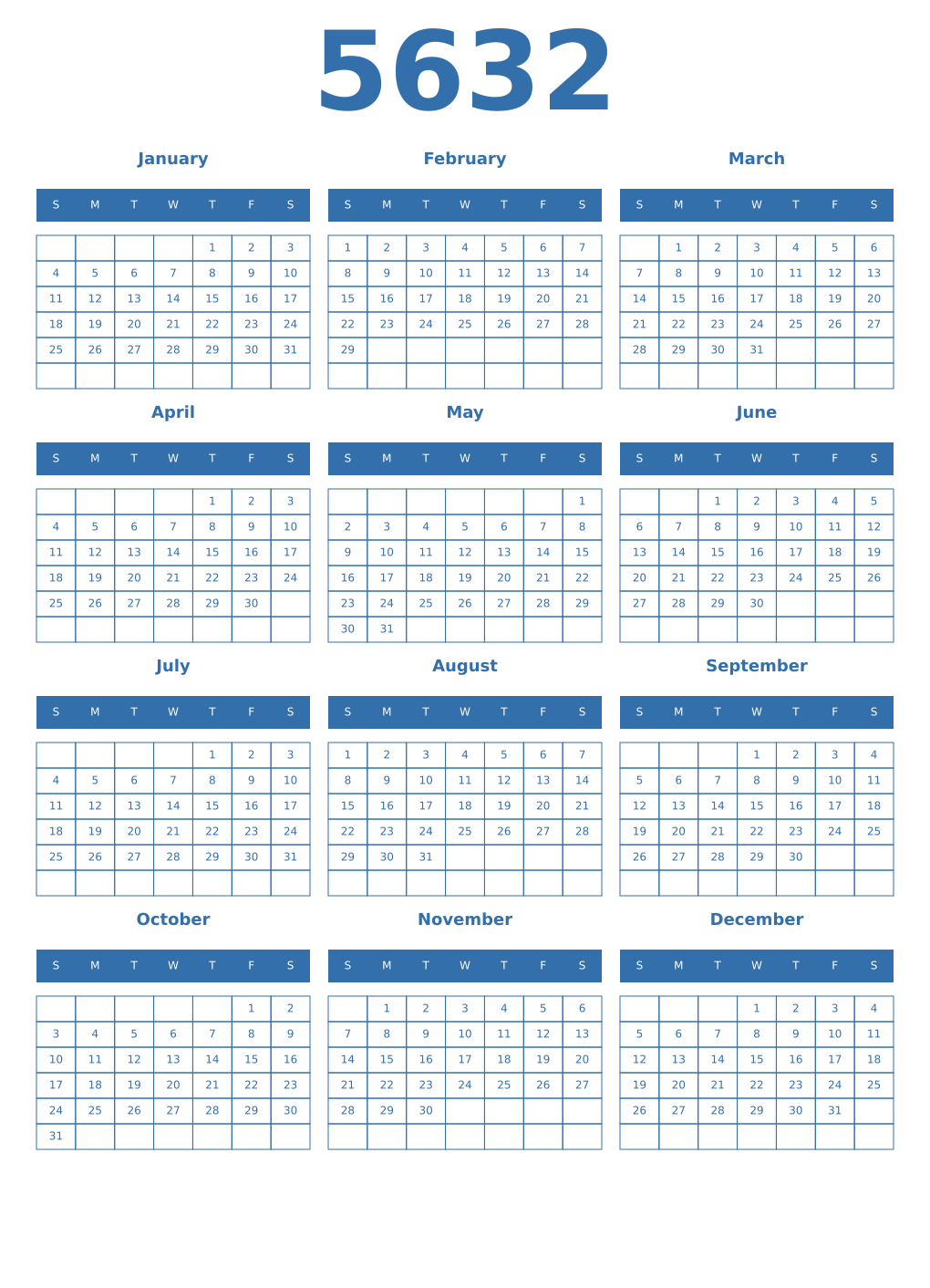 Printable 5632 Year Calendars blue