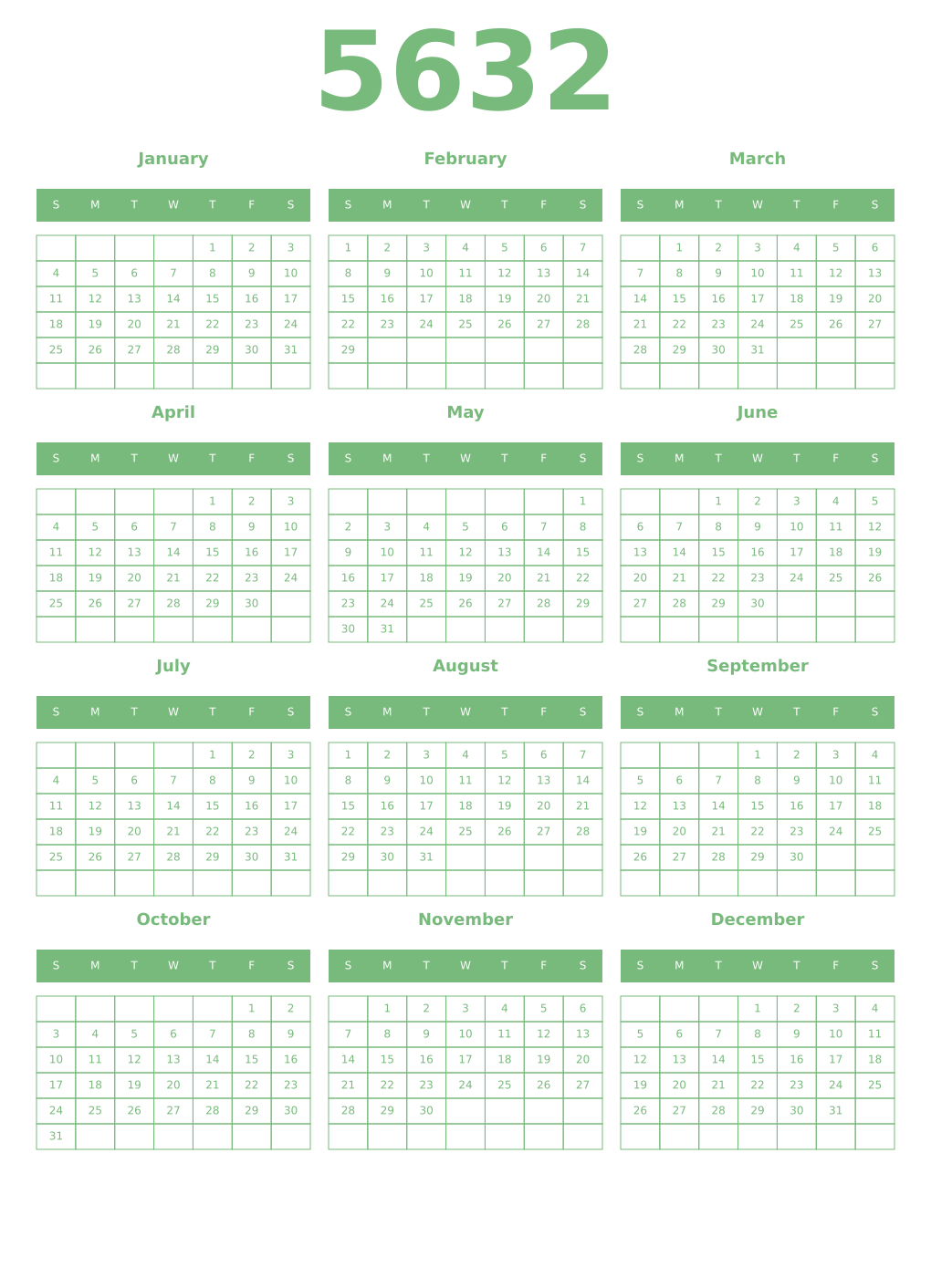 Printable 5632 Year Calendars celadon