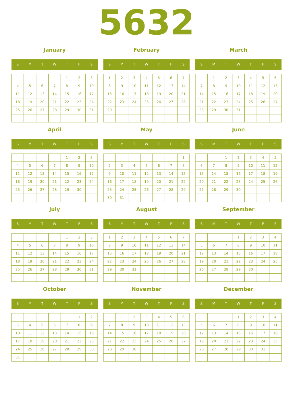 Printable 5632 Year Calendars chartreuse