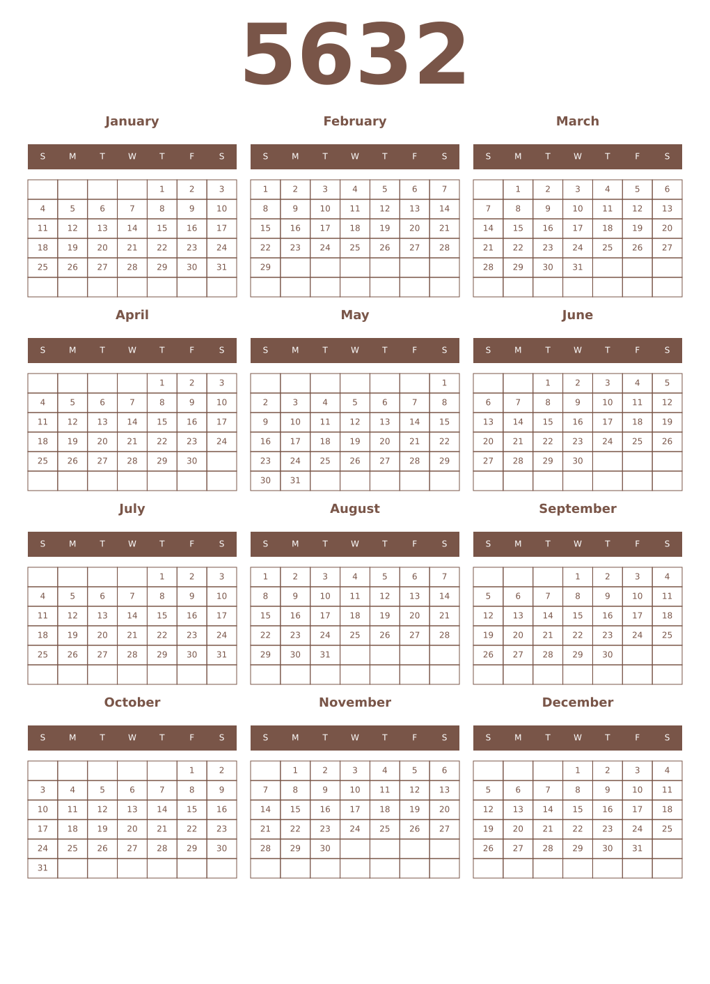 Printable 5632 Year Calendars coffe