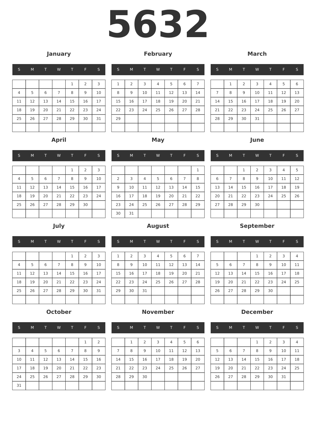 Printable 5632 Year Calendars dark