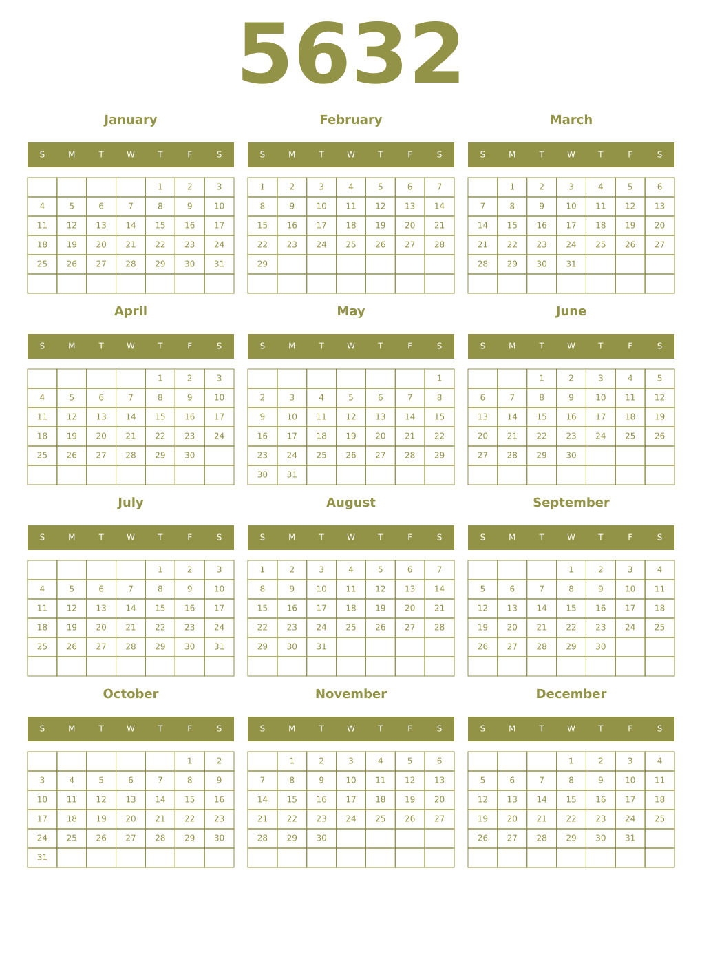 Printable 5632 Year Calendars eburnean