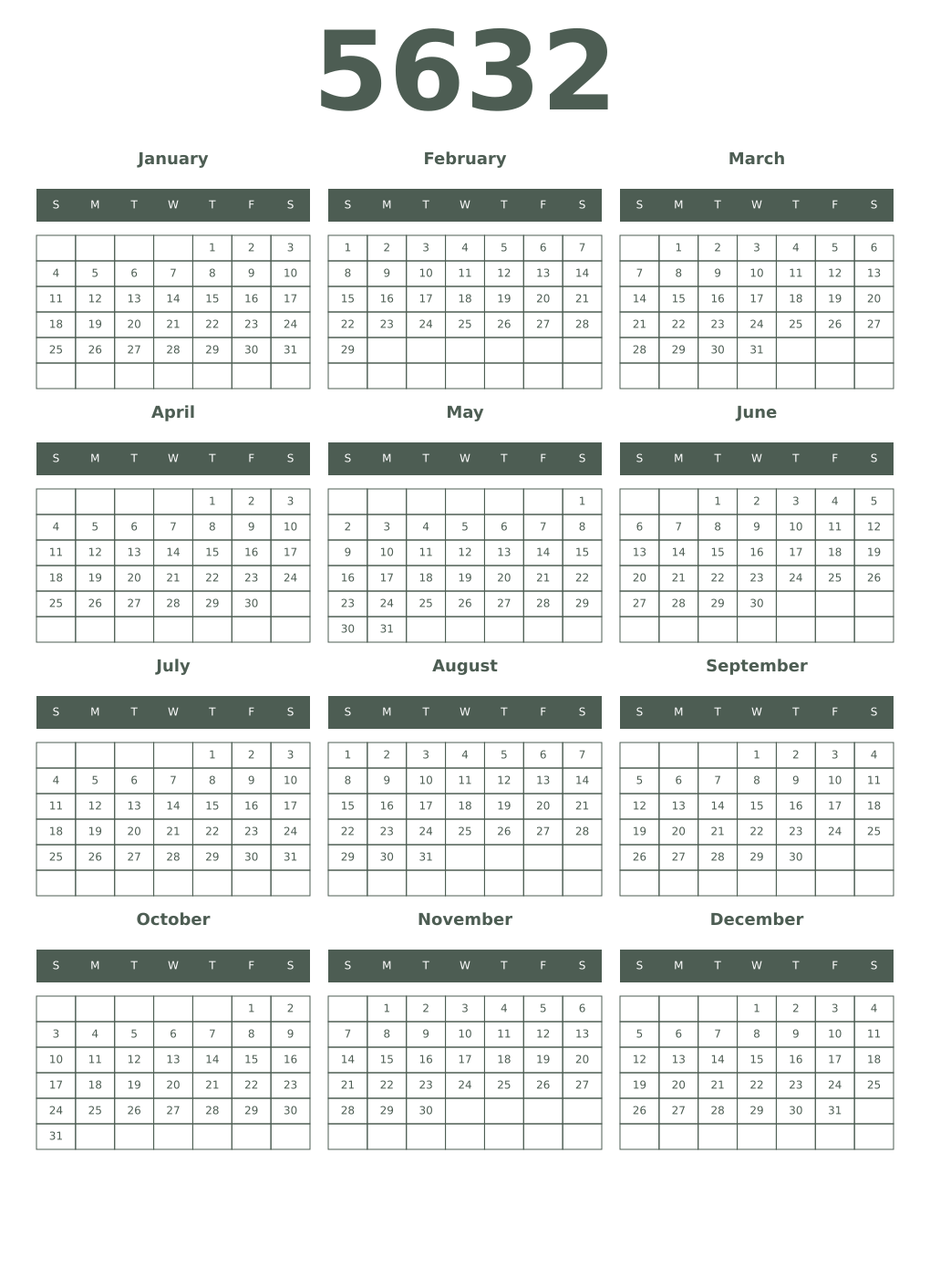 Printable 5632 Year Calendars feldgrau
