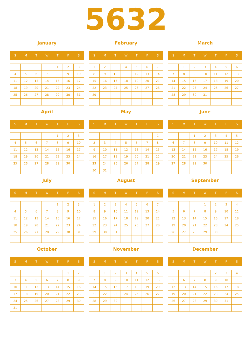 Printable 5632 Year Calendars gamboge