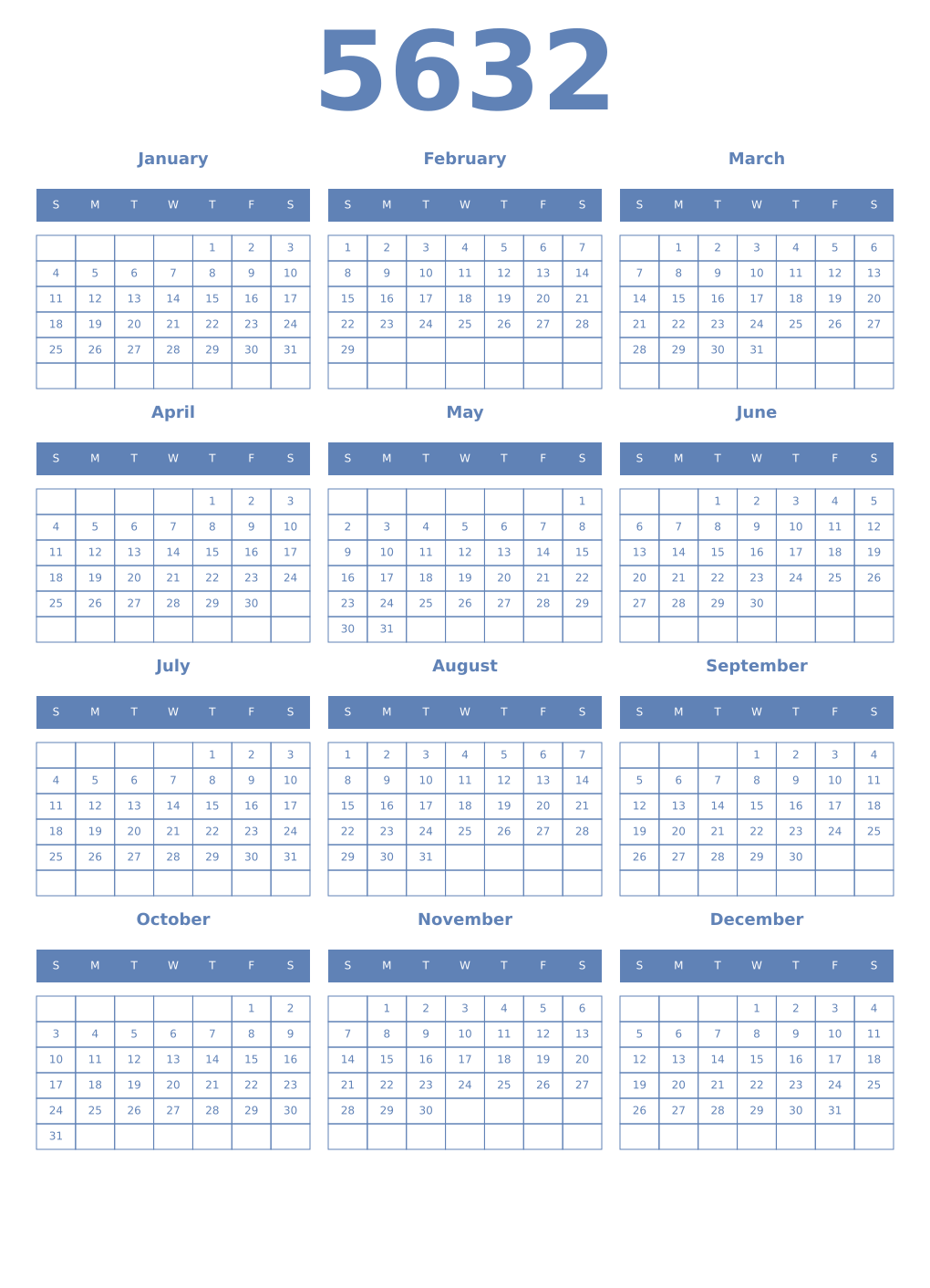 Printable 5632 Year Calendars glaucous