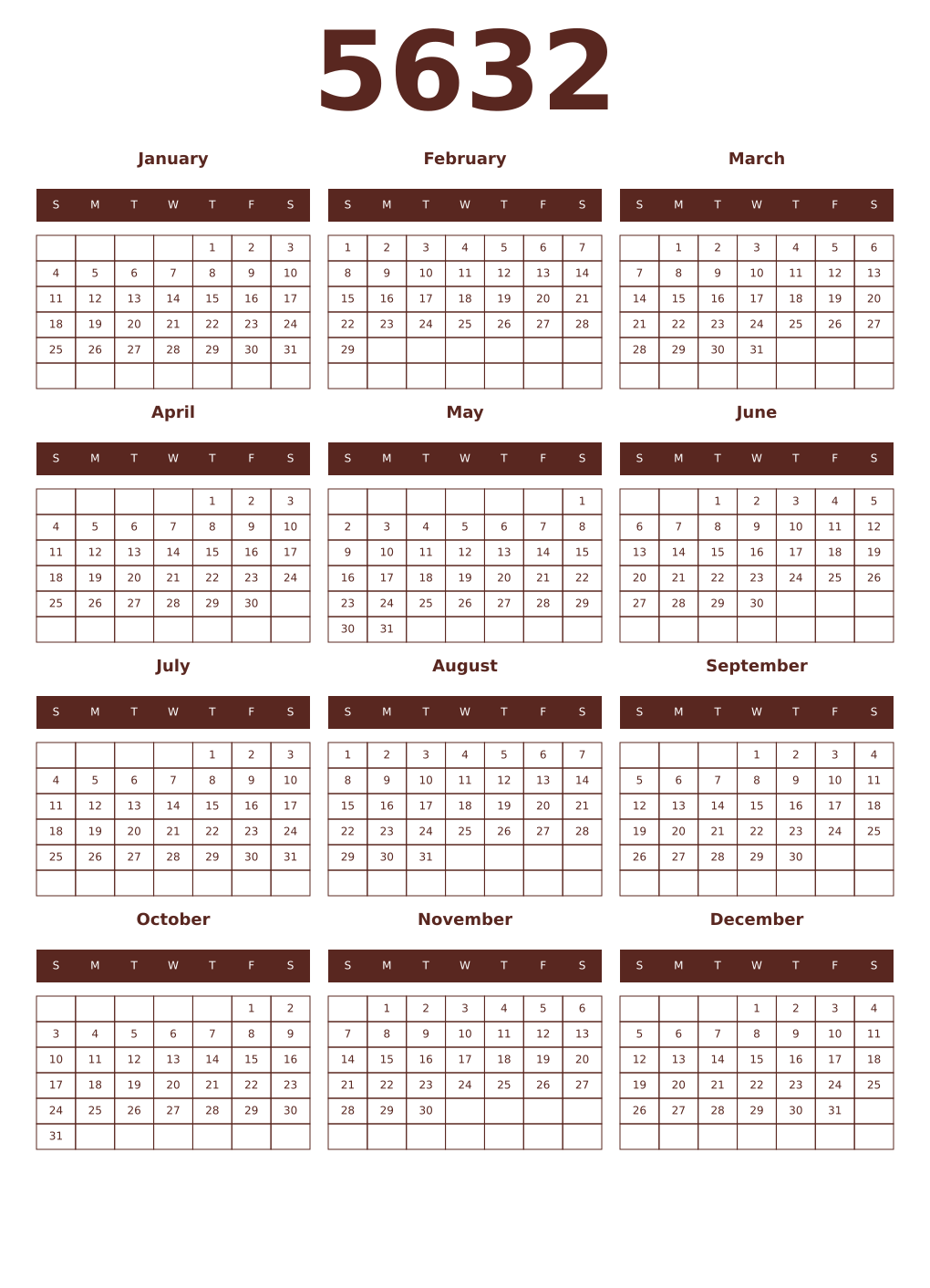 Printable 5632 Year Calendars mortuum