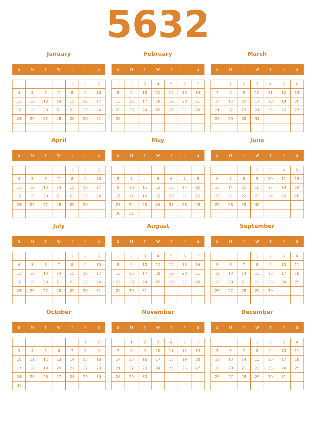 Printable 5632 Year Calendars orange