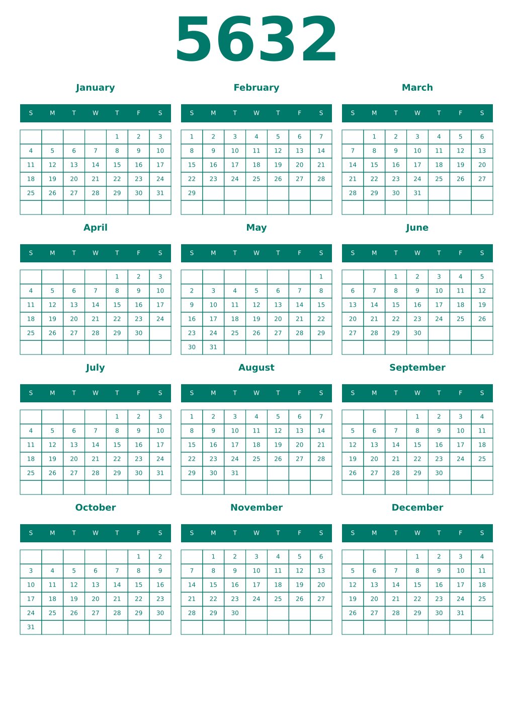 Printable 5632 Year Calendars pastel