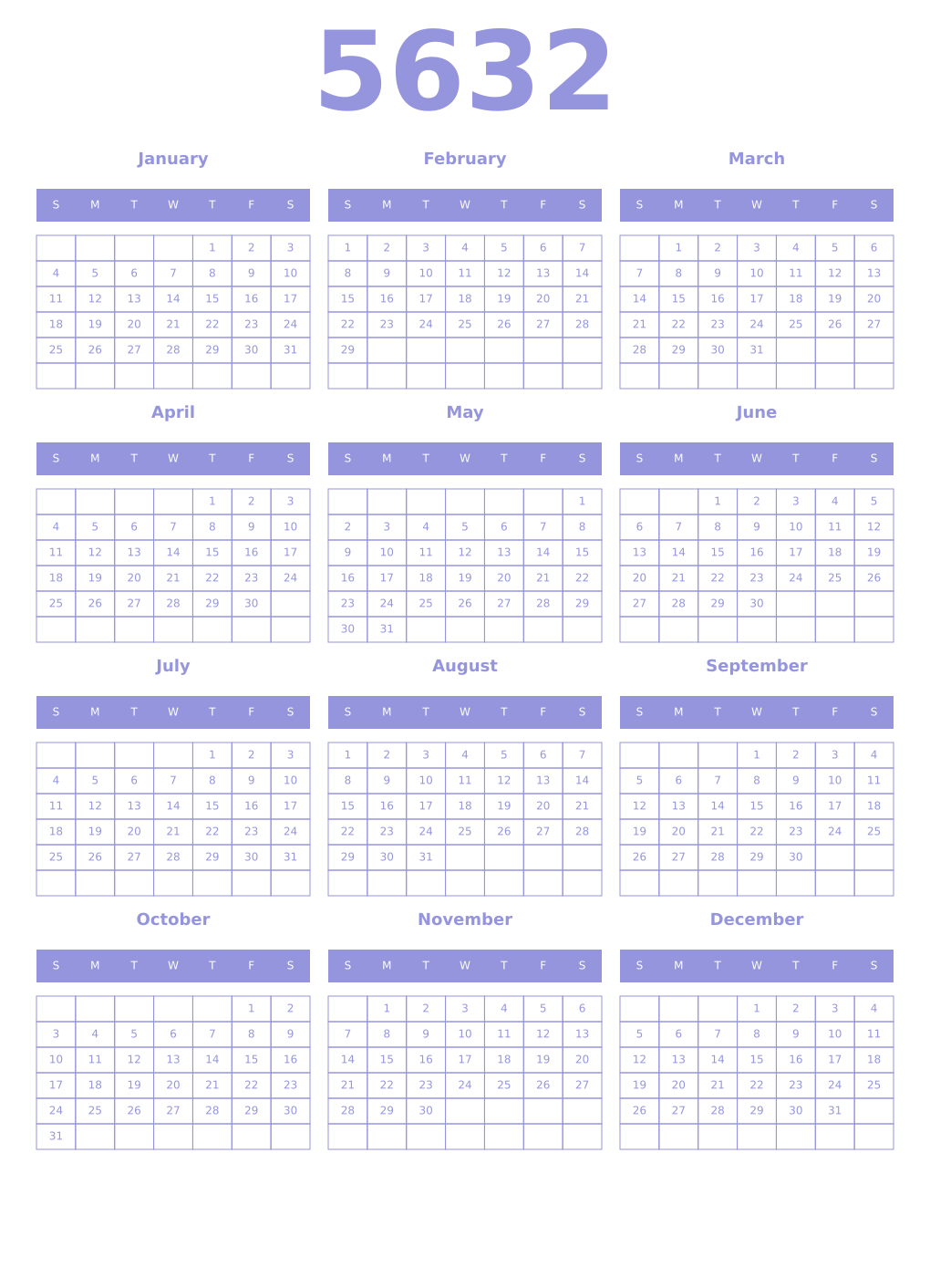 Printable 5632 Year Calendars periwinkle