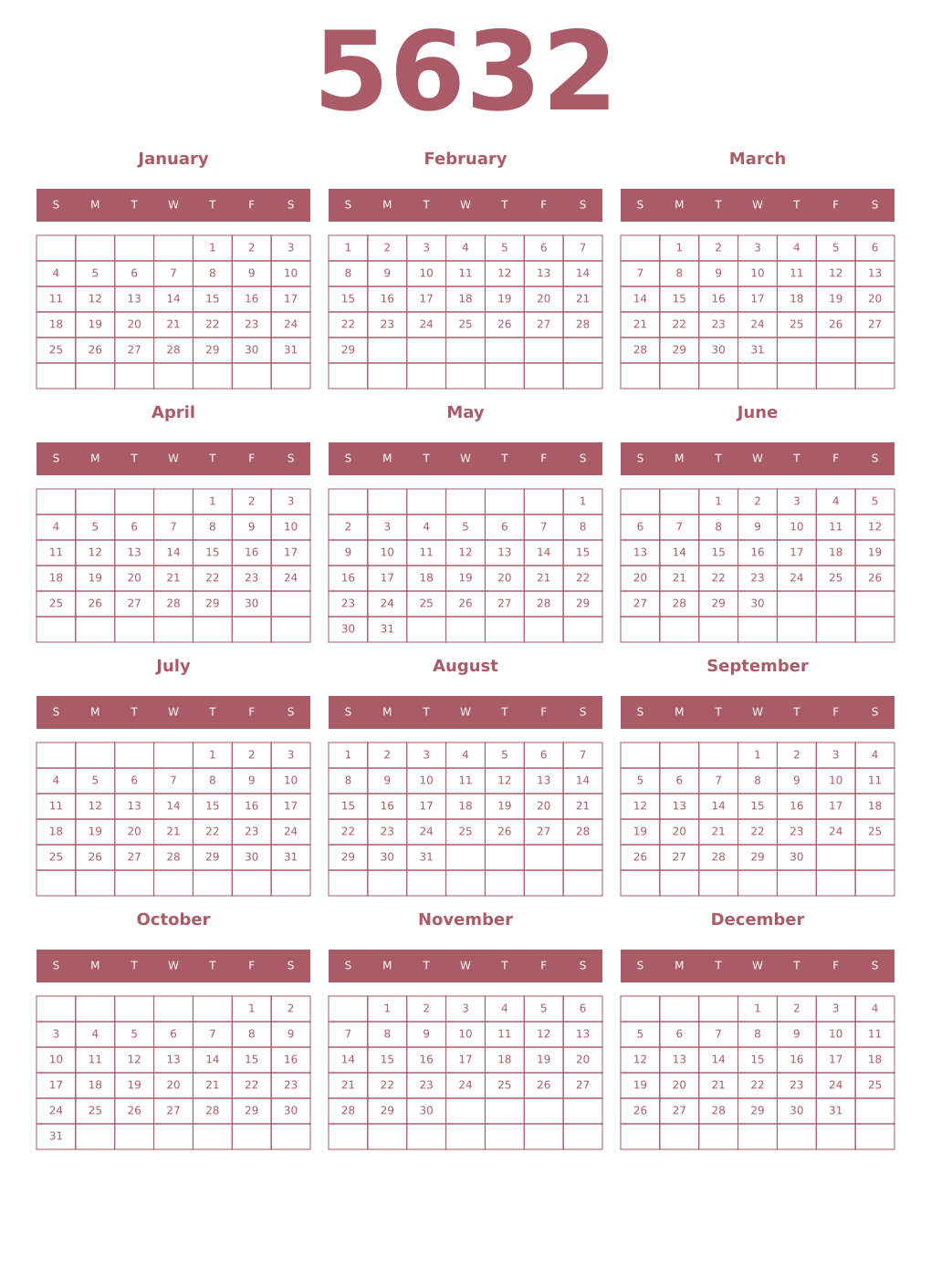 Printable 5632 Year Calendars puce