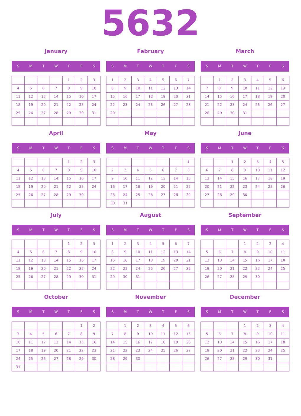 Printable 5632 Year Calendars purple