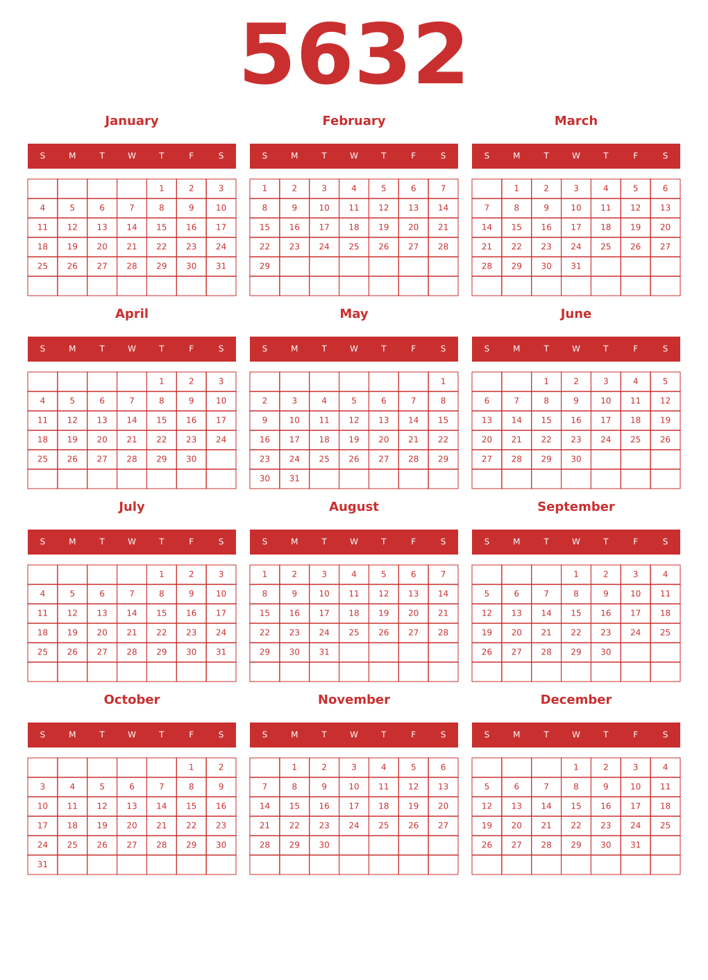Printable 5632 Year Calendars red