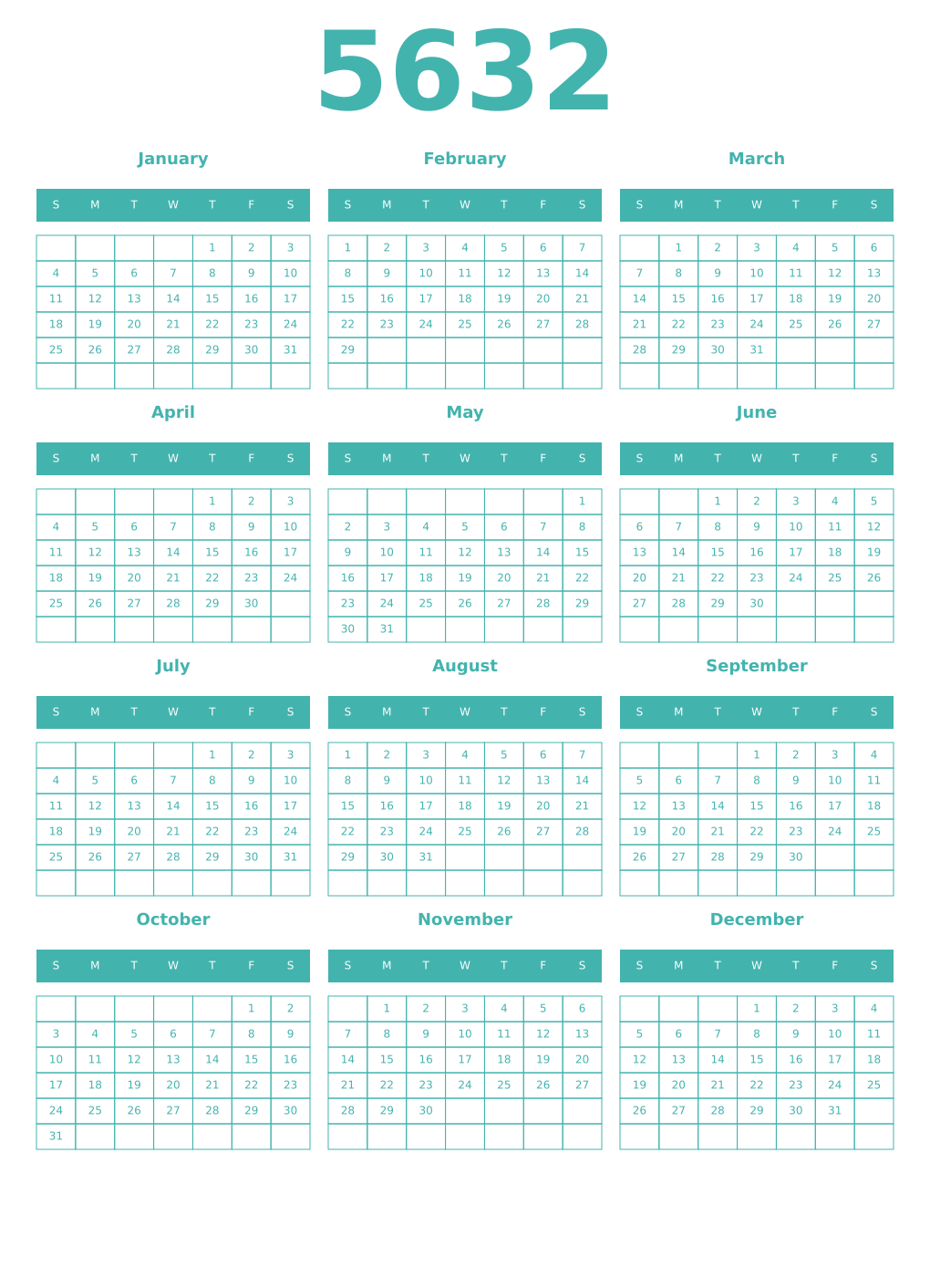 Printable 5632 Year Calendars verdigris