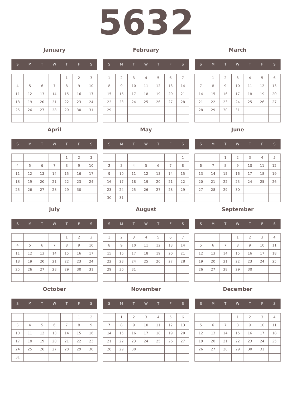 Printable 5632 Year Calendars wenge