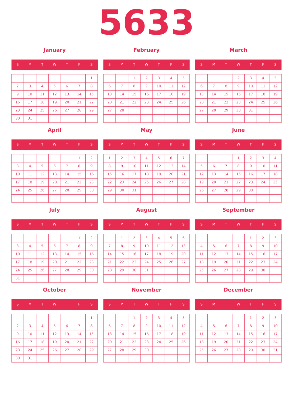Printable 5633 Year Calendars amaranth