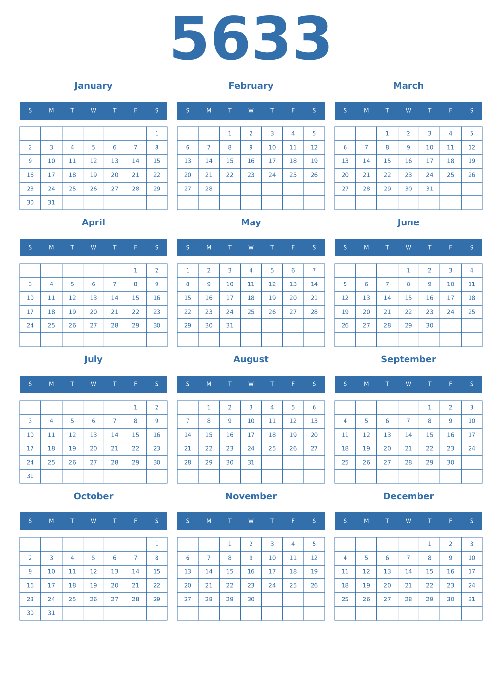Printable 5633 Year Calendars blue