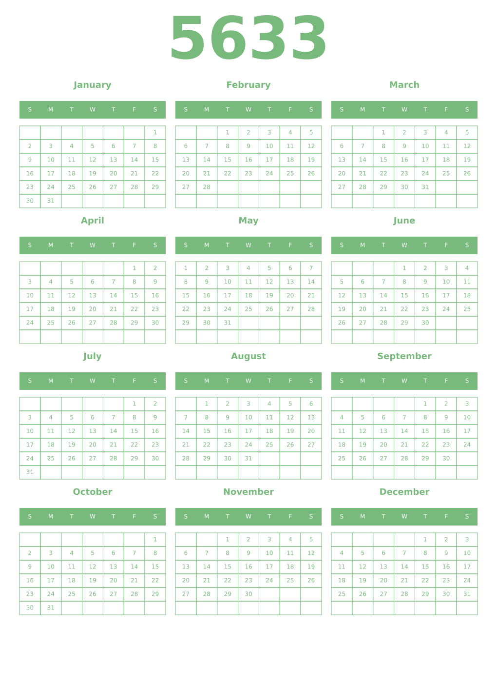 Printable 5633 Year Calendars celadon