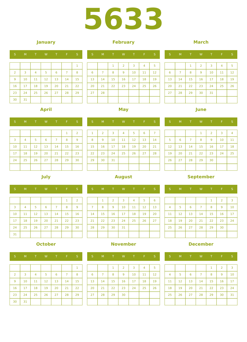 Printable 5633 Year Calendars chartreuse