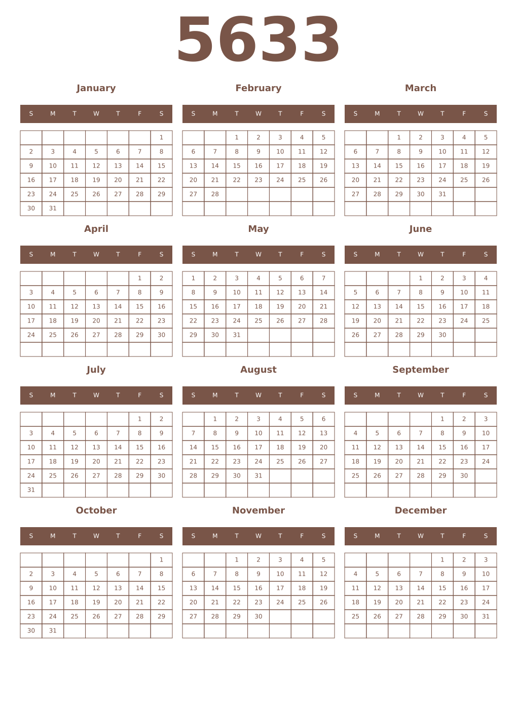 Printable 5633 Year Calendars coffe