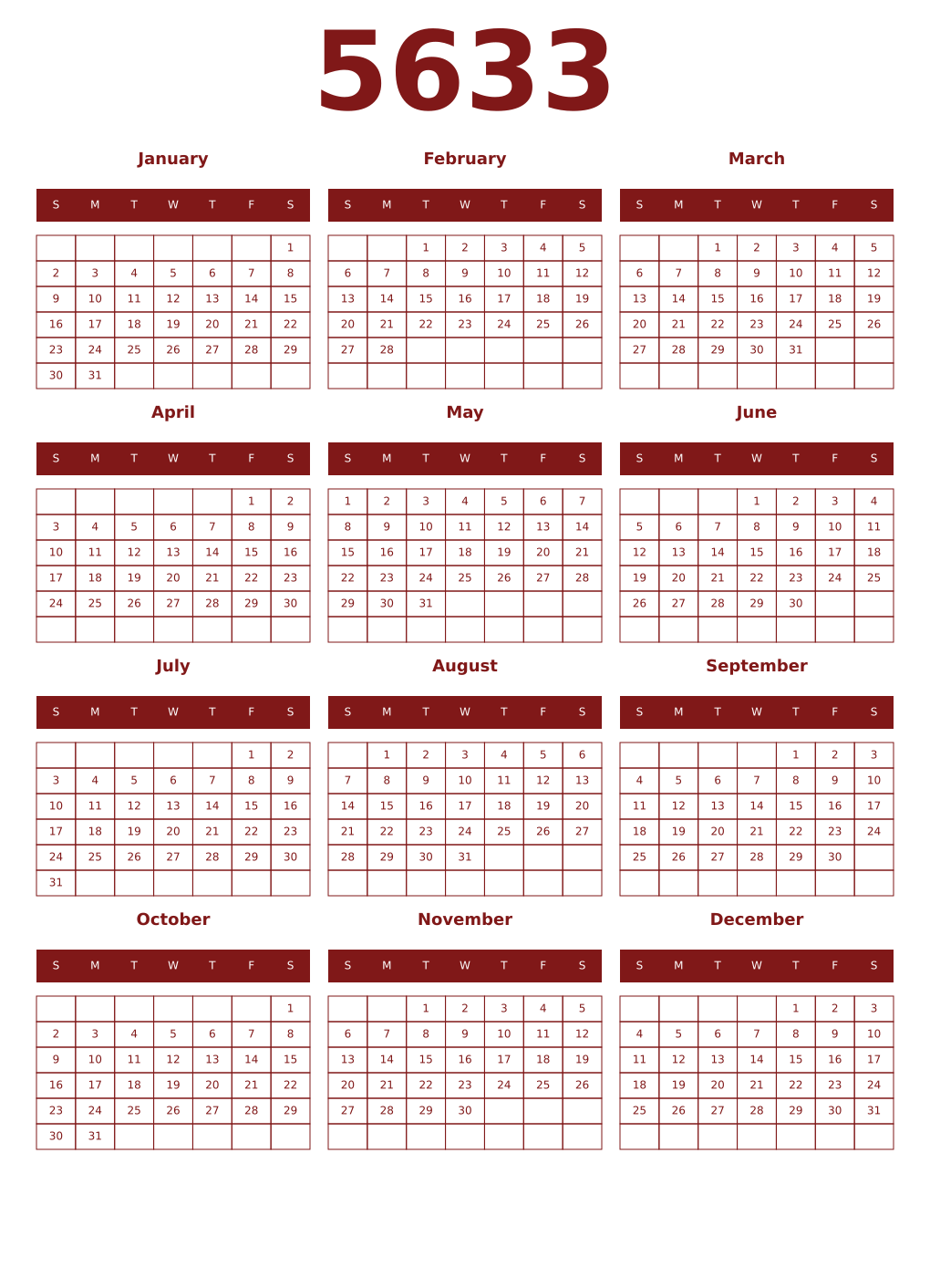 Printable 5633 Year Calendars falu