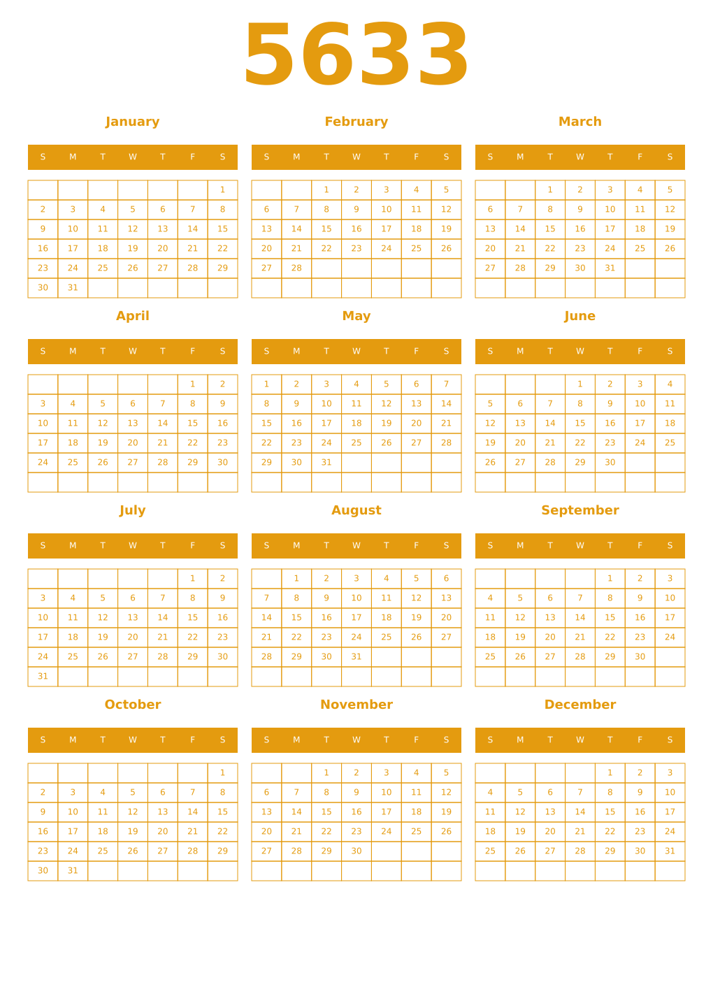 Printable 5633 Year Calendars gamboge