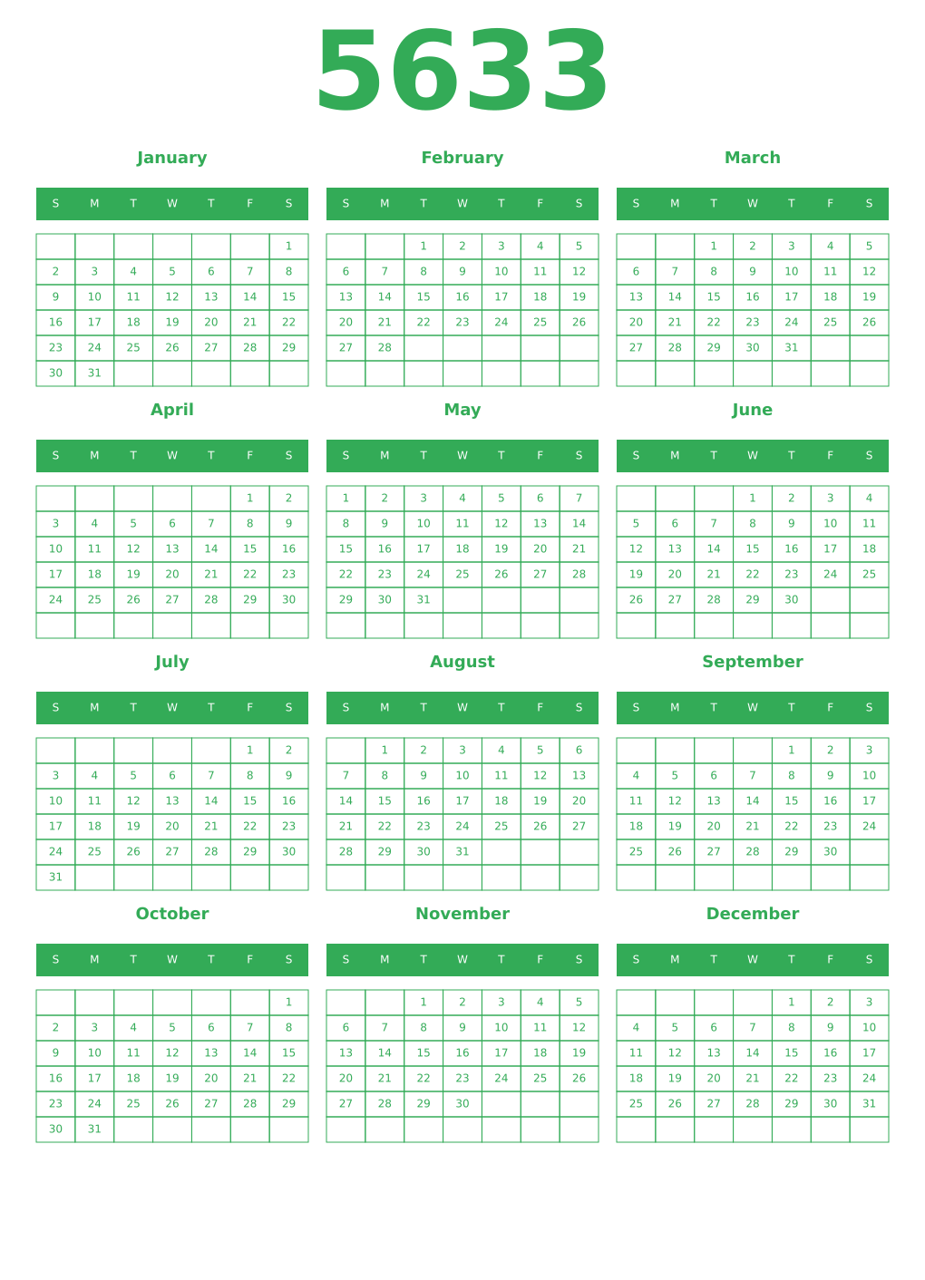 Printable 5633 Year Calendars green