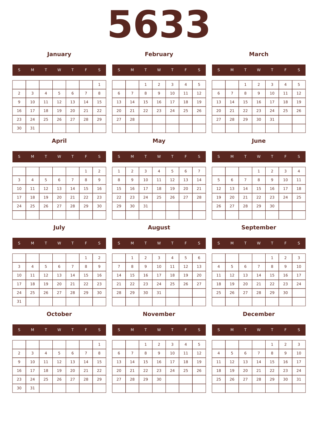 Printable 5633 Year Calendars mortuum
