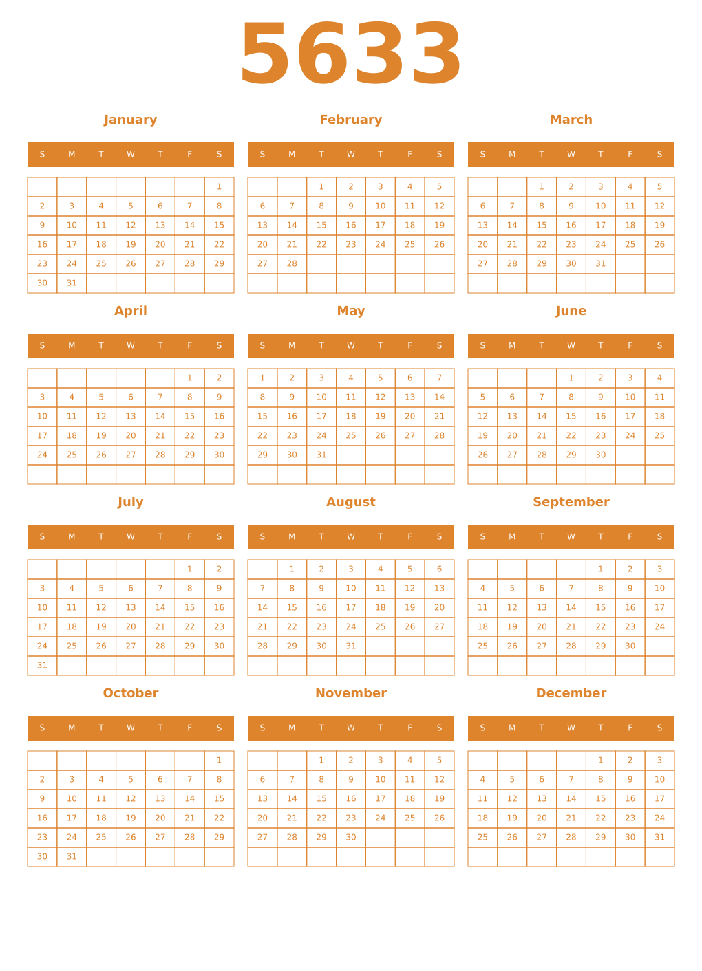 Printable 5633 Year Calendars orange