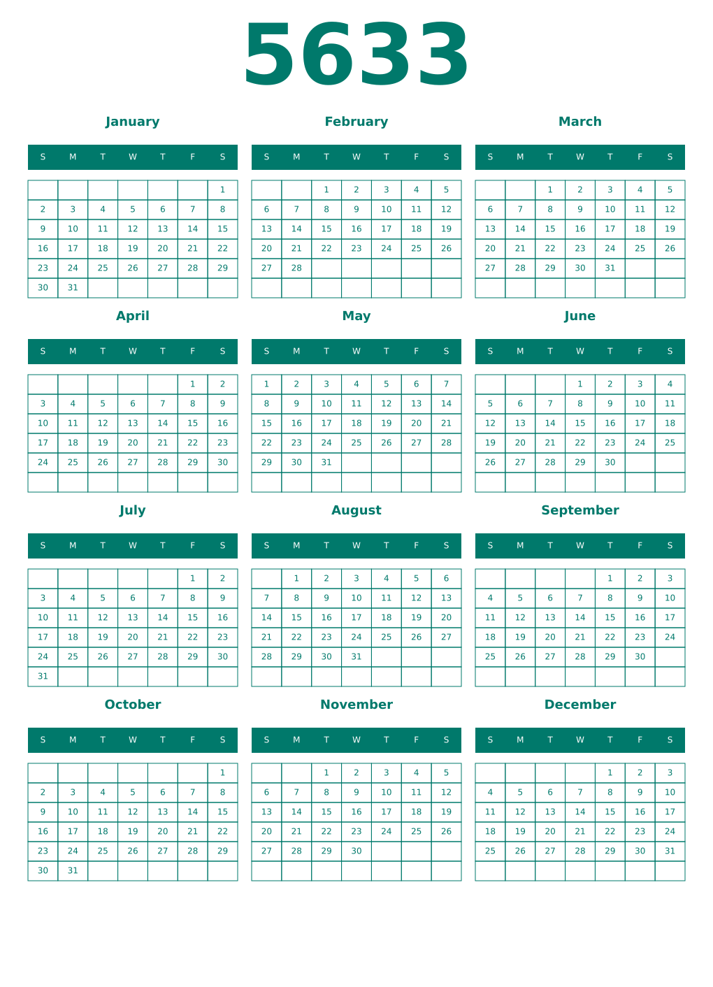 Printable 5633 Year Calendars pastel