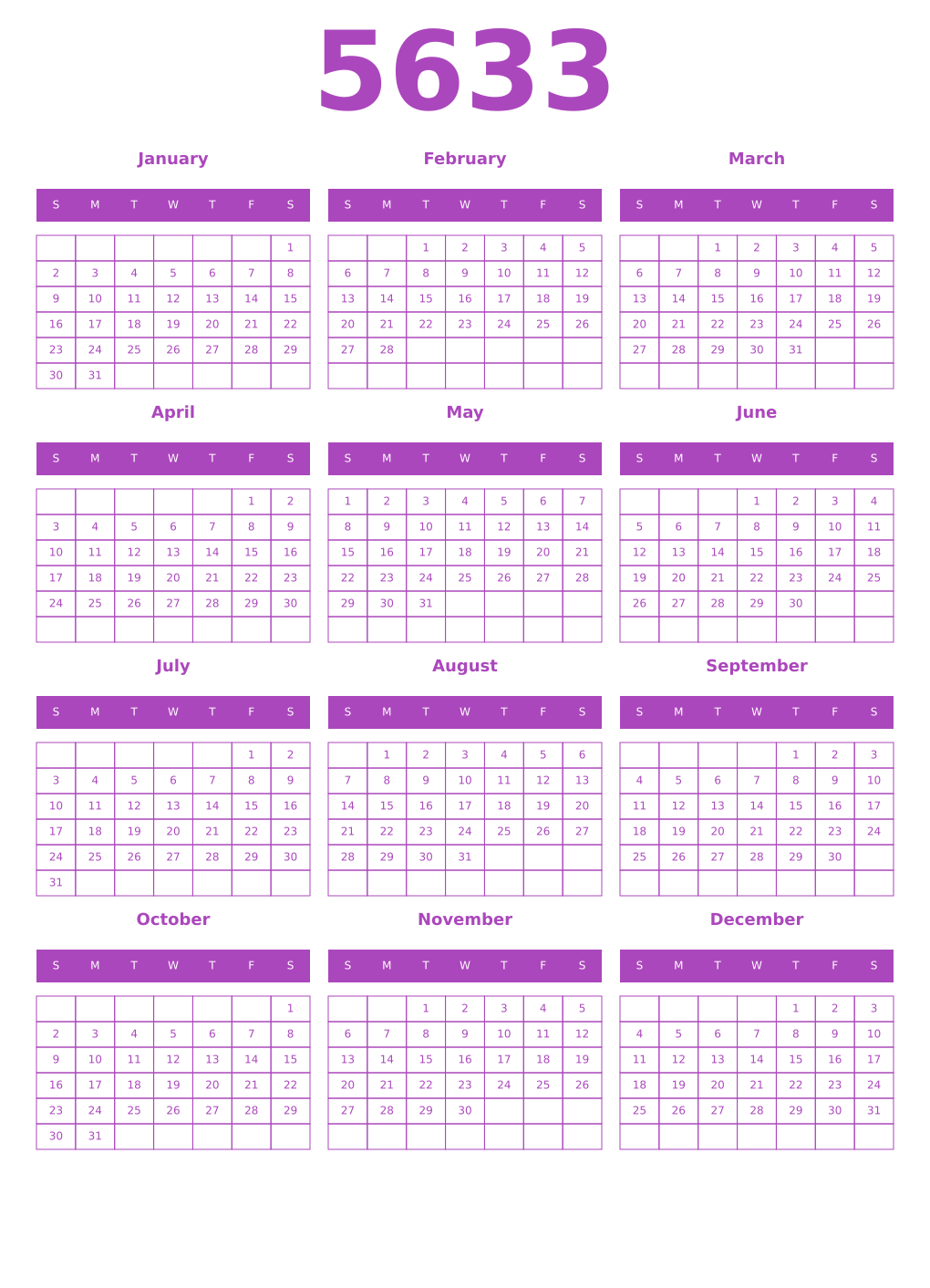 Printable 5633 Year Calendars purple