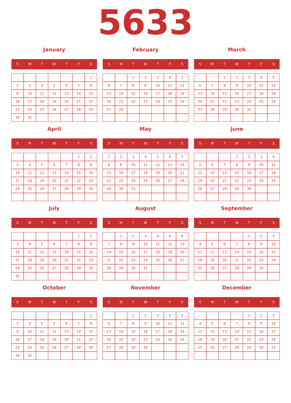 Printable 5633 Year Calendars red