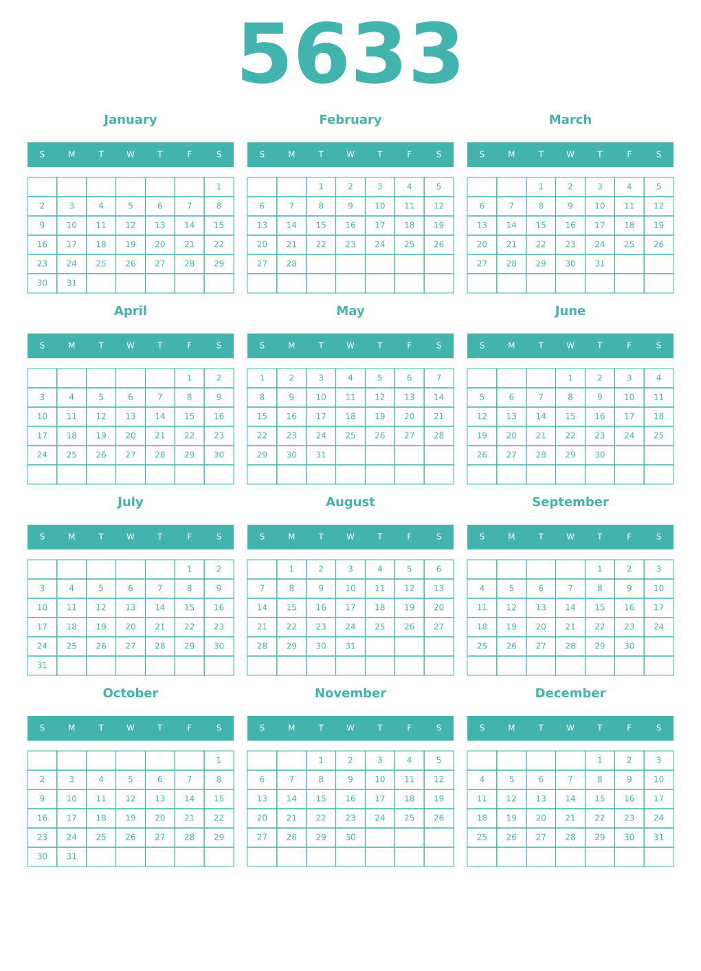Printable 5633 Year Calendars verdigris