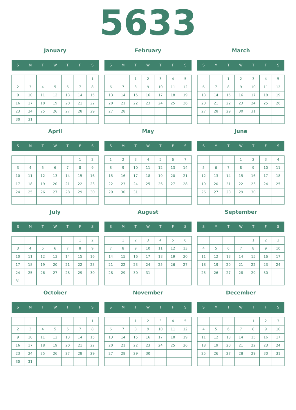 Printable 5633 Year Calendars viridian