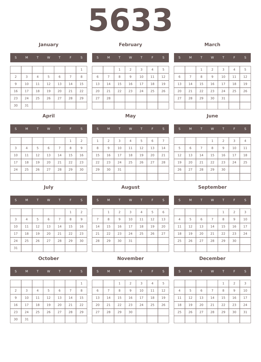 Printable 5633 Year Calendars wenge