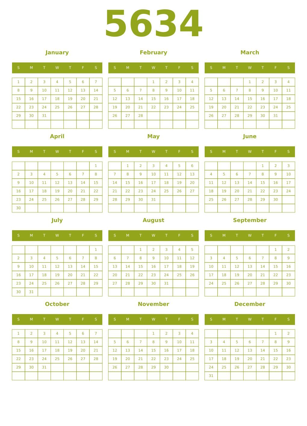 Printable 5634 Year Calendars chartreuse