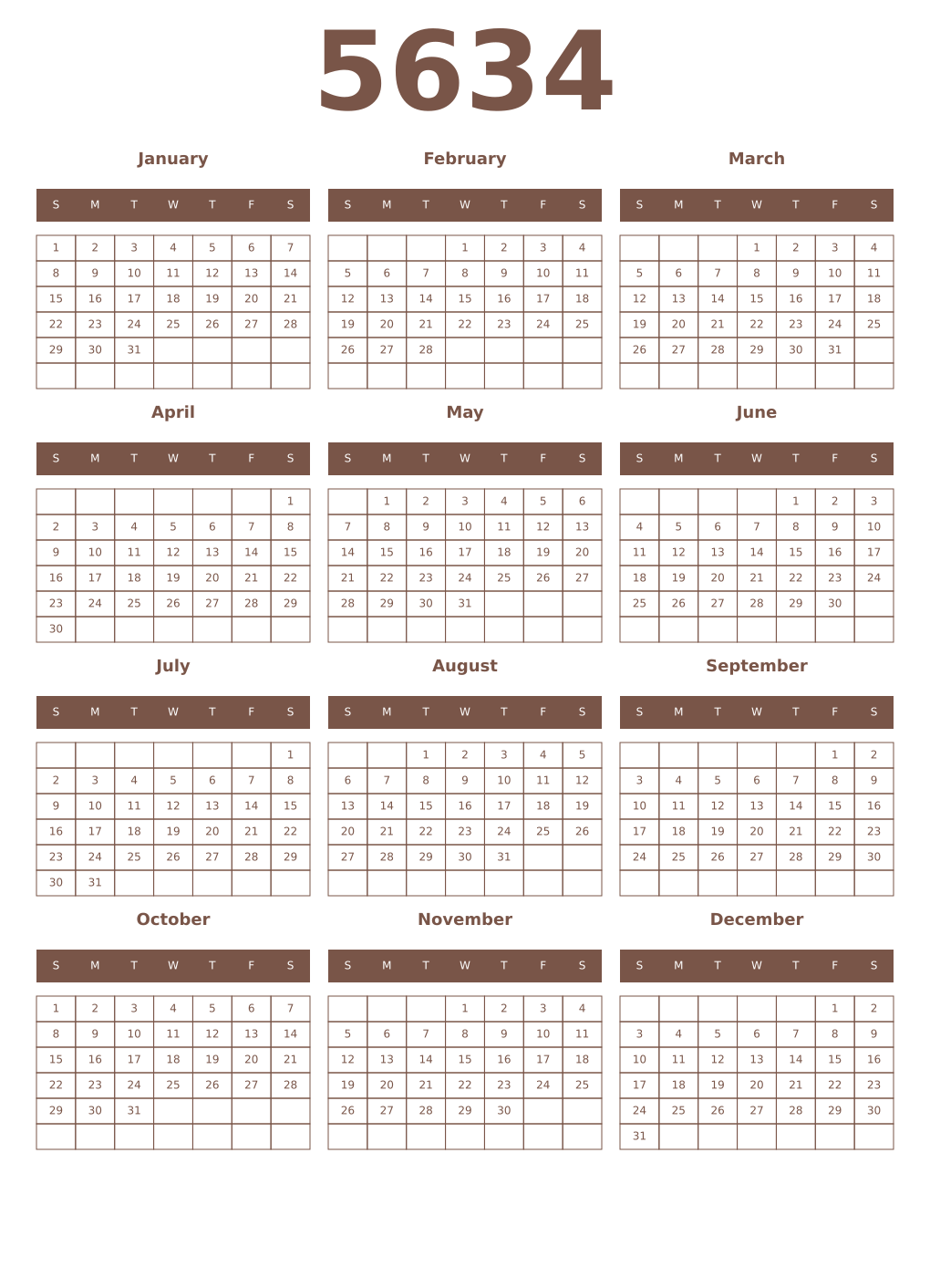 Printable 5634 Year Calendars coffe